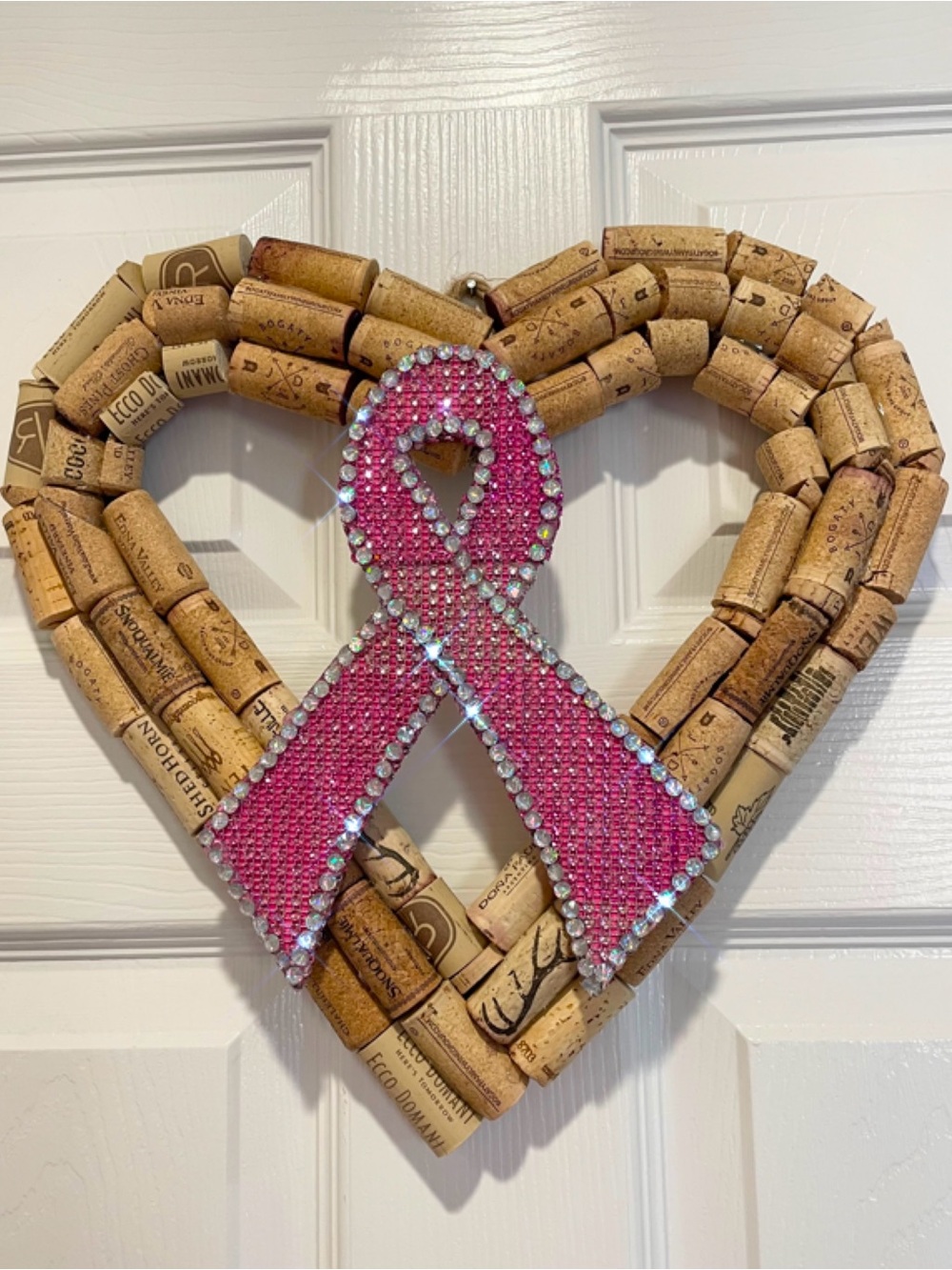 Heart Cork Wreath with Pink Breast Cancer Ribbon Accent